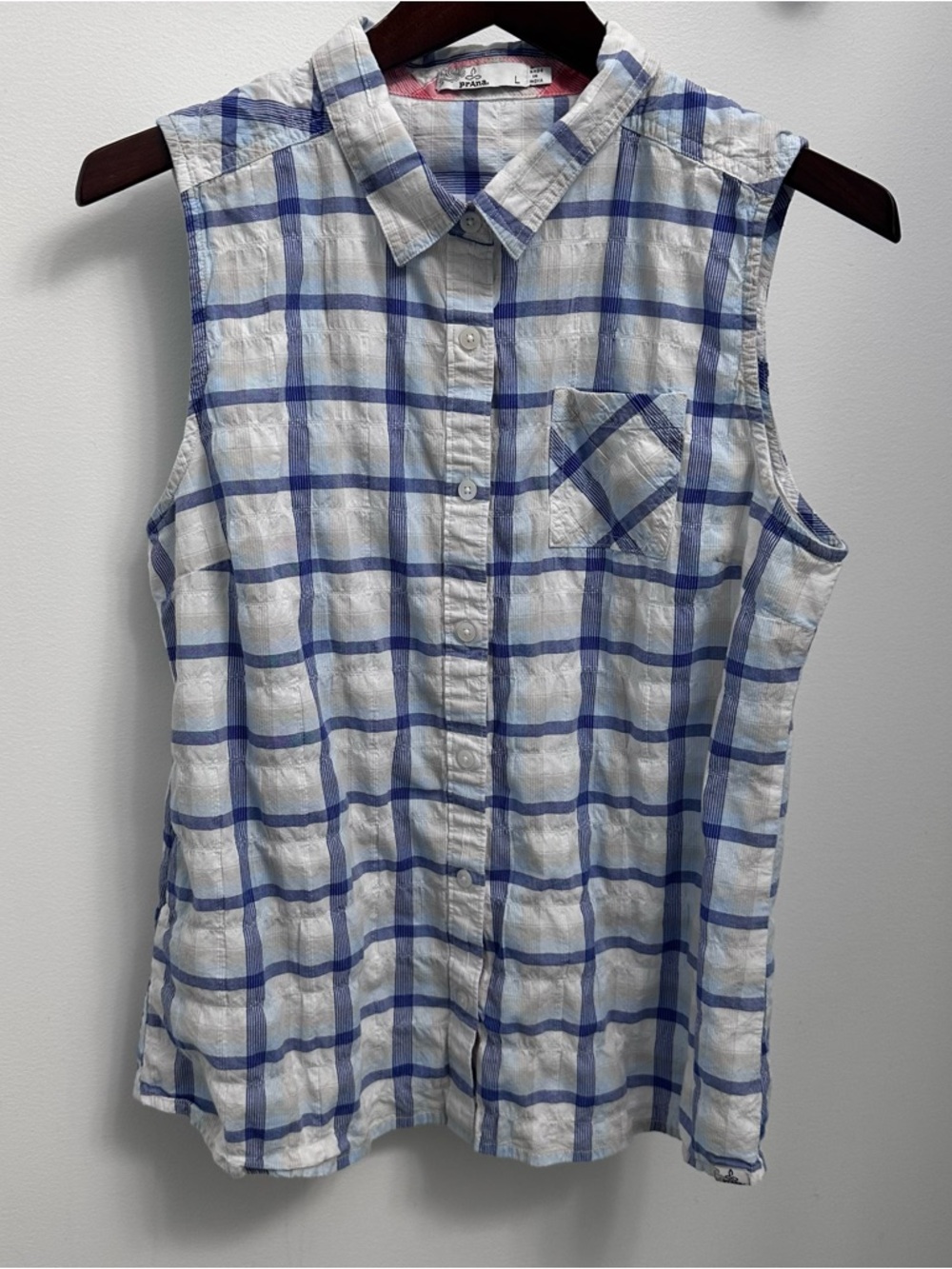 PrAna Lexi Button Down Sleeveless Organic Shirt Cobalt Blue Womans’ Large